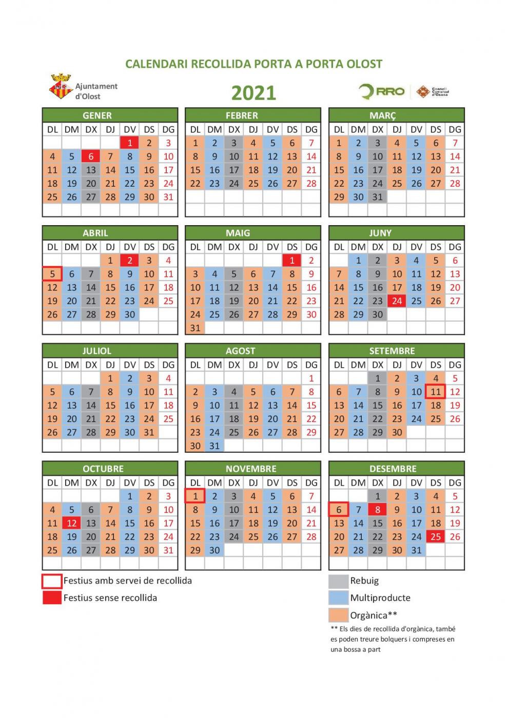 Calendari de recollida de residus porta a porta per l'any 2021
